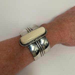 Vintage Sterling Silver Cuff Bracelet with Recycled Ivory Accent